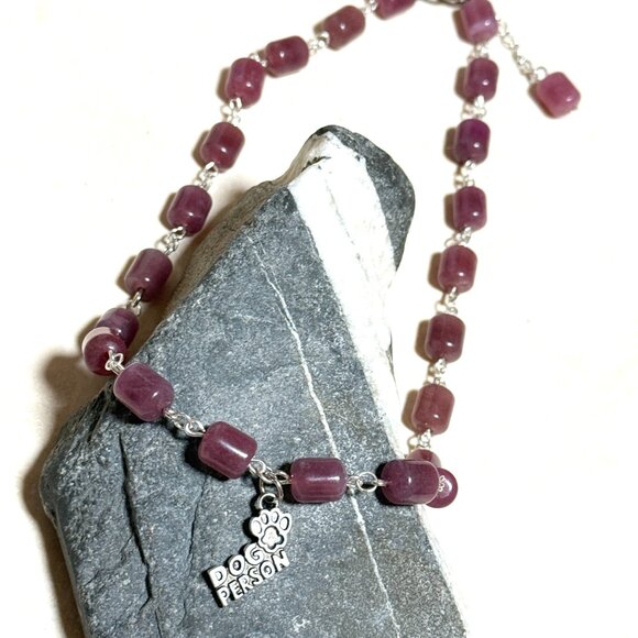 Genuine Magenta Chalcedony Short Necklace, Gemstone & Dog Person Paw Print Charm - Picture 4 of 14